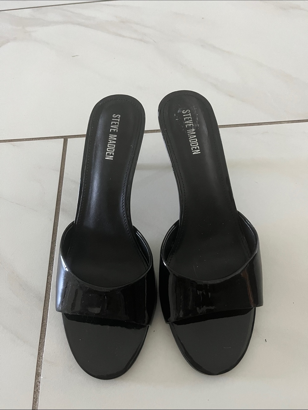 Steve Madden Black Patent Slide Mules